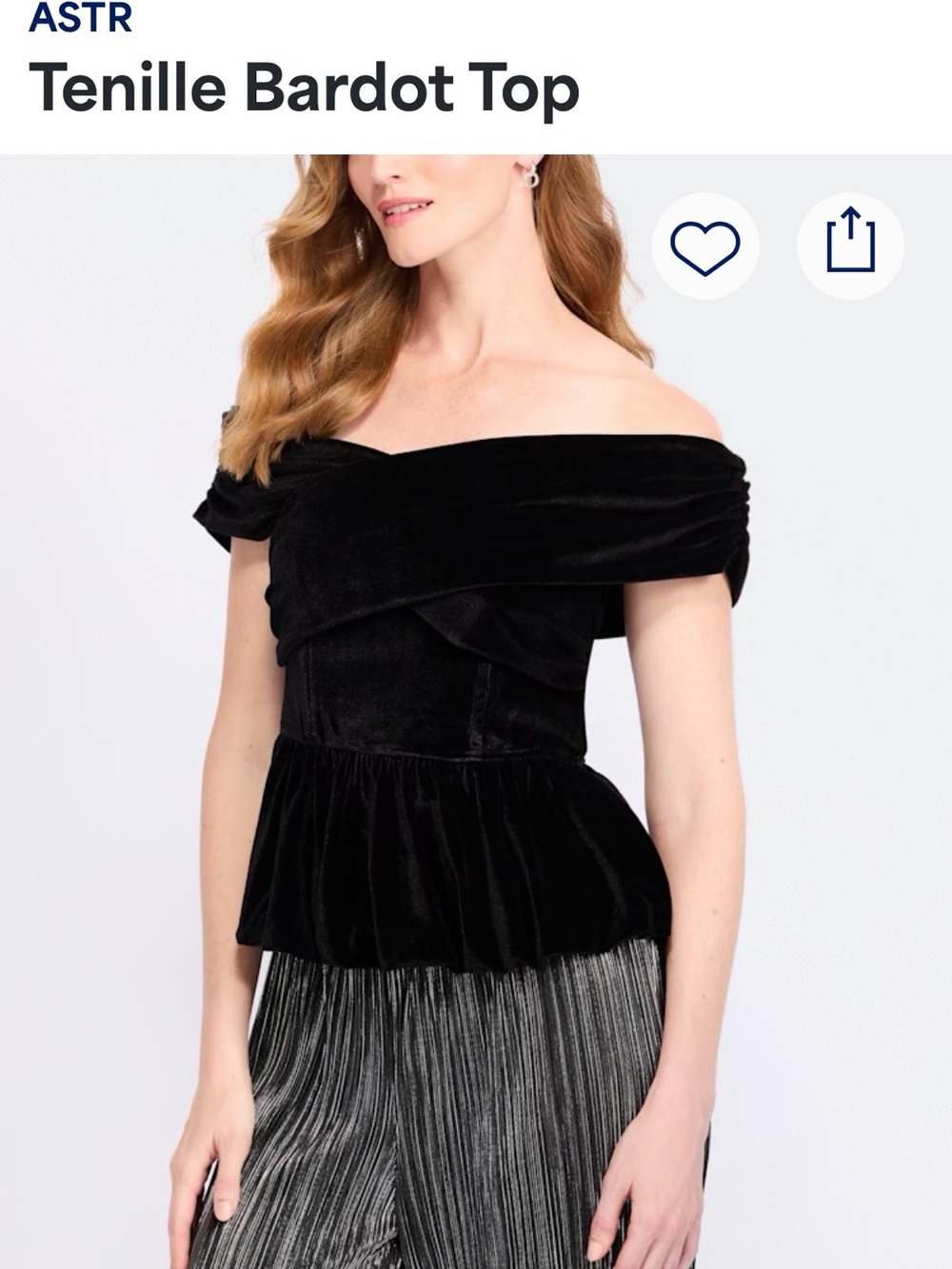ASTR Tenille Bardot Top - Black Velvet Off-Shoulder